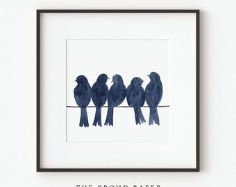DIGITAL - Minimalist Navy Blue Birds Digital Print Wall Art, Printable Square Watercolor Painting