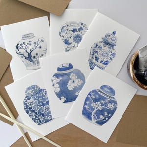 Conjunto de 6 cartões de visita em branco com ilustração em aquarela para potes de porcelana azul Chinoiserie