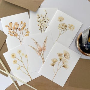 Ensemble de 6 cartes de correspondance vierges séchées à l'aquarelle avec illustration de fleurs sauvages séchées