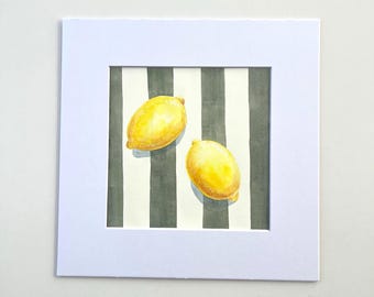 Still Life Painting Lemon Watercolor Original 8x8 Square Fruit Kitchen Wall Art