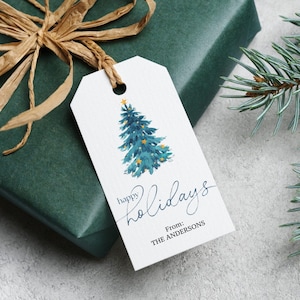 Modèle d'étiquette cadeau imprimable aquarelle Noël joyeuses fêtes, personnalisation modifiable, téléchargement immédiat sur Canva avec motif arbre de Noël