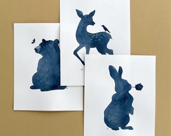 Original Watercolor Painting Woodland Animals Set Signed 8x10 Unframed