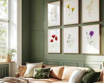 Minimalist Botanical Wall Art Print Set, Watercolor Wildflowers Gallery Wall Decor