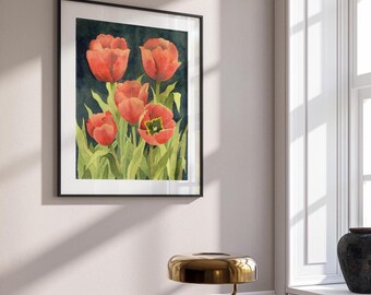 Floral Wall Art Print, Spring Red Tulips Botanical Watercolor Painting