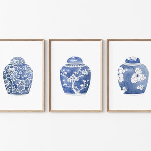 Blau weißes Ingwerglas Druck 3er Set: Chinoiserie Wandkunst (Digitaler Download)