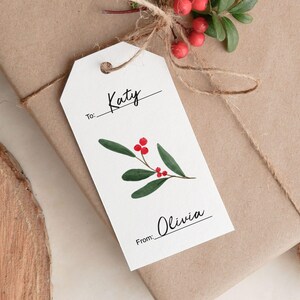 Modèle imprimable d'étiquette de cadeau de Noël à, étiquette volante de gui aquarelle minimaliste modifiable, étiquette personnalisée de faveurs de joyeuses fêtes