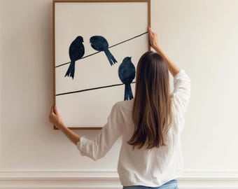 Minimalist Blue Birds on Wire Print, Bird Silhouettes Neutral Wall Art