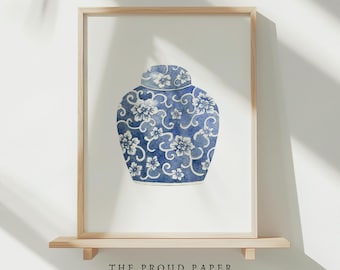 Grandmillenial Chinoiserie Vase Print Blue White Ginger Jar Watercolor Art