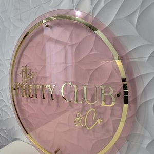 Custom Acrylic Logo Sign, Blush Pink Base, Gold Mirror Office Decor, Beauty Salon Branding