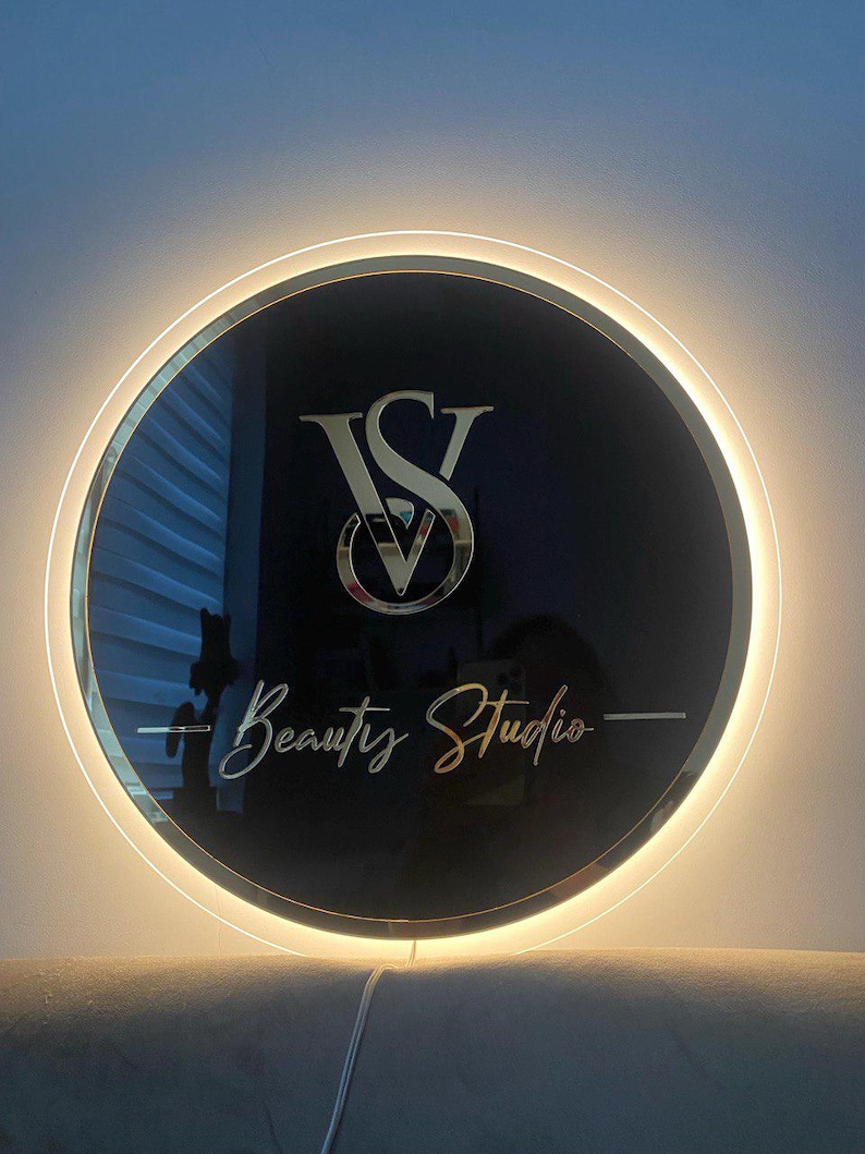 Custom Black & Gold Round Logo Sign With Backlit, Personalized Decor ...
