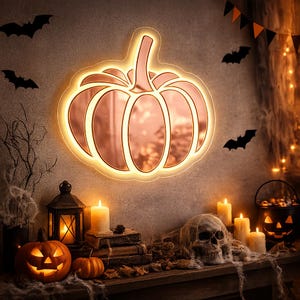 May include: A pumpkin-shaped wall mirror with a warm, glowing LED light border. The mirror features a reflective surface shaped like a pumpkin with a stem, surrounded by a bright, continuous light strip that illuminates the edges of the design.