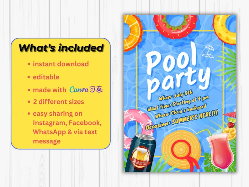 Editable Pool Party Invitation | Canva Template | Summer Party Digital ...