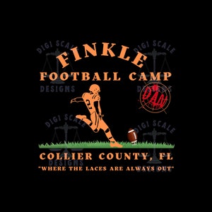 May include: Orange and black graphic design with the text "Finkle Football Camp" and "Collier County, FL" with the tagline "Where the laces are always out".