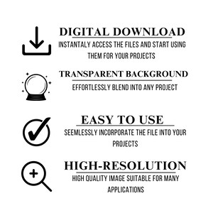 May include: A black and white illustration of a download arrow, a crystal ball, a checkmark, and a magnifying glass with a plus sign. The text "DIGITAL DOWNLOAD", "TRANSPARENT BACKGROUND", "EASY TO USE", and "HIGH-RESOLUTION" is displayed below each icon.