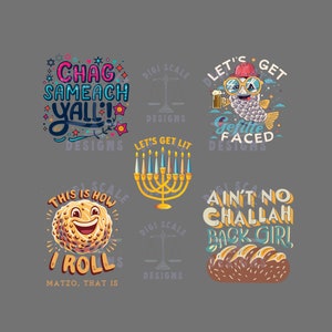 May include: A set of six colorful designs featuring humorous text and illustrations related to the Jewish holiday of Hanukkah. The designs include a menorah, a gefilte fish, a matzah ball, and a challah bread.
