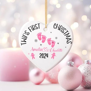 Twins First Christmas Ceramic Ornament - Personalized Baby Feet Keepsake, Baby&#39;s First Christmas 2024, Twin Mom Holiday Gift