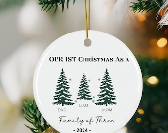 Gepersonaliseerde kerstornament voor familie van drie - familie van 3, eerste kerstornament voor baby, gepersonaliseerde kerstornament voor baby