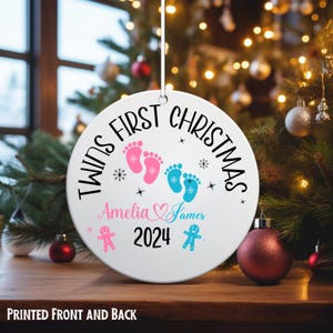 Twins First Christmas Ceramic Ornament - Personalized Baby Feet Keepsake, 2024 Tree Decoration, Twin Mom Footprint Holiday Gift