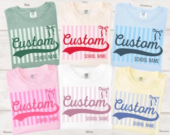 Comfort Colors® Personalized School Mascot TShirt, Custom Team Name Stripe Bow Graphic Tee, School Spirit Shirt, Game Day Outfit for Women