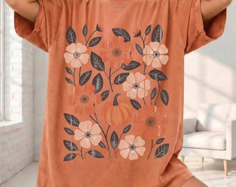 Boho Fall Floral Comfort Colors® Shirt, Retro Fall Tshirt, Autumn Vibes Shirt, Pumpkin Season Graphic Tee, Vintage Fall Pumpkin Aesthetic