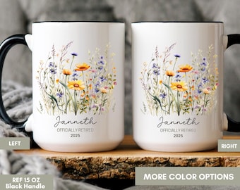 Mug floral retraite, cadeaux de retraite personnalisés pour femme, cadeau de retraite personnalisé pour collègue de travail, tasse officiellement retraitée pour elle