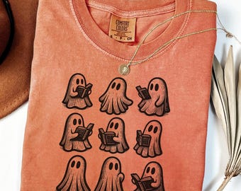 Comfort Colors® Cute Ghost Reading Books Shirt, Womens Halloween Shirt, Books Lover Halloween Shirt, Bookish Halloween Shirt, Spooky Season
