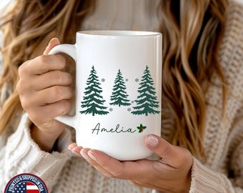 Personalized Christmas Mug, Winter Tree Ceramic Coffee Mug, Pine Tree Mug, Ceramic Christmas Tree, Personalized Gift Idea for Nature Lovers