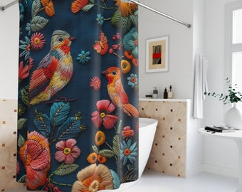 Vibrant Cottage Shower Curtain with Birds and Flowers,  Embroidered Look Floral shower curtain, Mom's Garden, Mama Gift, Mother's Day Gift