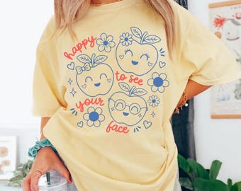 Komfort Farben Lehrer Shirt, glücklich, Ihr Gesicht T-Shirt, süße Frucht Gesichter, Doodle Floral Lehrer T-Shirt, Zurück zu Schul Geschenk zu sehen