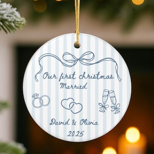 Personalized First Christmas Married Ornament, Custom 1st Anniversary Gift, Holiday Couple Gift, Coquette Bow Mr Mrs Newlywed Wedding Gift