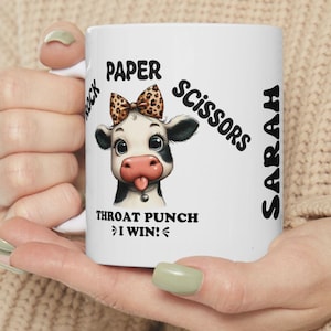 Taza de cerámica personalizada con diseño de vaca: Piedra, papel o tijera, regalo con nombre personalizado