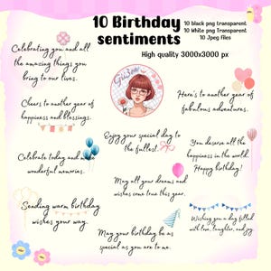 Paquete de sellos digitales con notas de cumpleaños con frases "para el interior", imágenes prediseñadas, citas de Word Art para hacer tarjetas, palabras para tarjetas, PNG