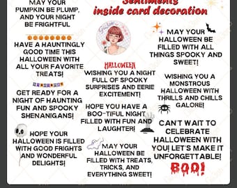 May include: A printable Halloween card with various sentiments in black and red text. The card includes phrases like "May your pumpkin be plump" and "Wishing you a monstrous Halloween." The card also features a cartoon illustration and the text "Gii3on Design."
