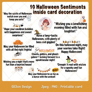 Könnte beinhalten: Eine druckbare Karte mit 10 Halloween-Sprüchen, verziert mit Kürbissen, Geistern und Fledermäusen. Enthält Sätze wie "Happy Halloween!" und "Have a fang-tastic Halloween!" in einem festlichen Design.