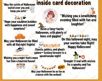 May include: A printable card featuring 10 Halloween sentiments with decorative elements like pumpkins, ghosts, and bats. The card includes phrases such as "Happy Halloween!" and "Have a fang-tastic Halloween!" in a festive design.