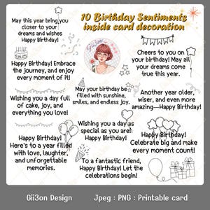 May include: A printable card design with ten birthday sentiments. The card features illustrations of balloons, confetti, and a portrait of a woman. Text includes birthday wishes and phrases like "Celebrate big" and "Happy Birthday!"