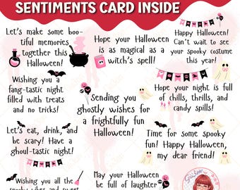 May include: A pink and black Halloween card with 10 different sentiments for wishing someone a happy Halloween. The card features illustrations of ghosts, bats, candy, and a witch's cauldron.