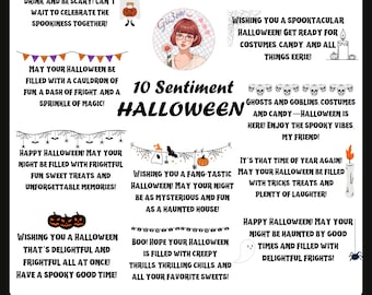 May include: A printable Halloween card with ten sentiments in black text on a white background. The card includes illustrations of ghosts, pumpkins, bats, and other spooky elements. The design is by Gii3on Design.