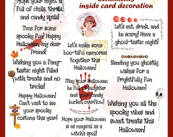 May include: A printable Halloween card design with various sentiments. The card features phrases like "Happy Halloween!" and "Wishing you a fang-tastic night." The design includes spooky graphics and the text "10 Halloween Sentiments inside card decoration."
