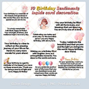 Op de afbeelding: Een printbare kaart met 10 verjaardagswensen. De kaart heeft roze en witte ballonnen, een cartoonillustratie van een vrouw en de tekst "10 Birthday Sentiments inside card decoration".