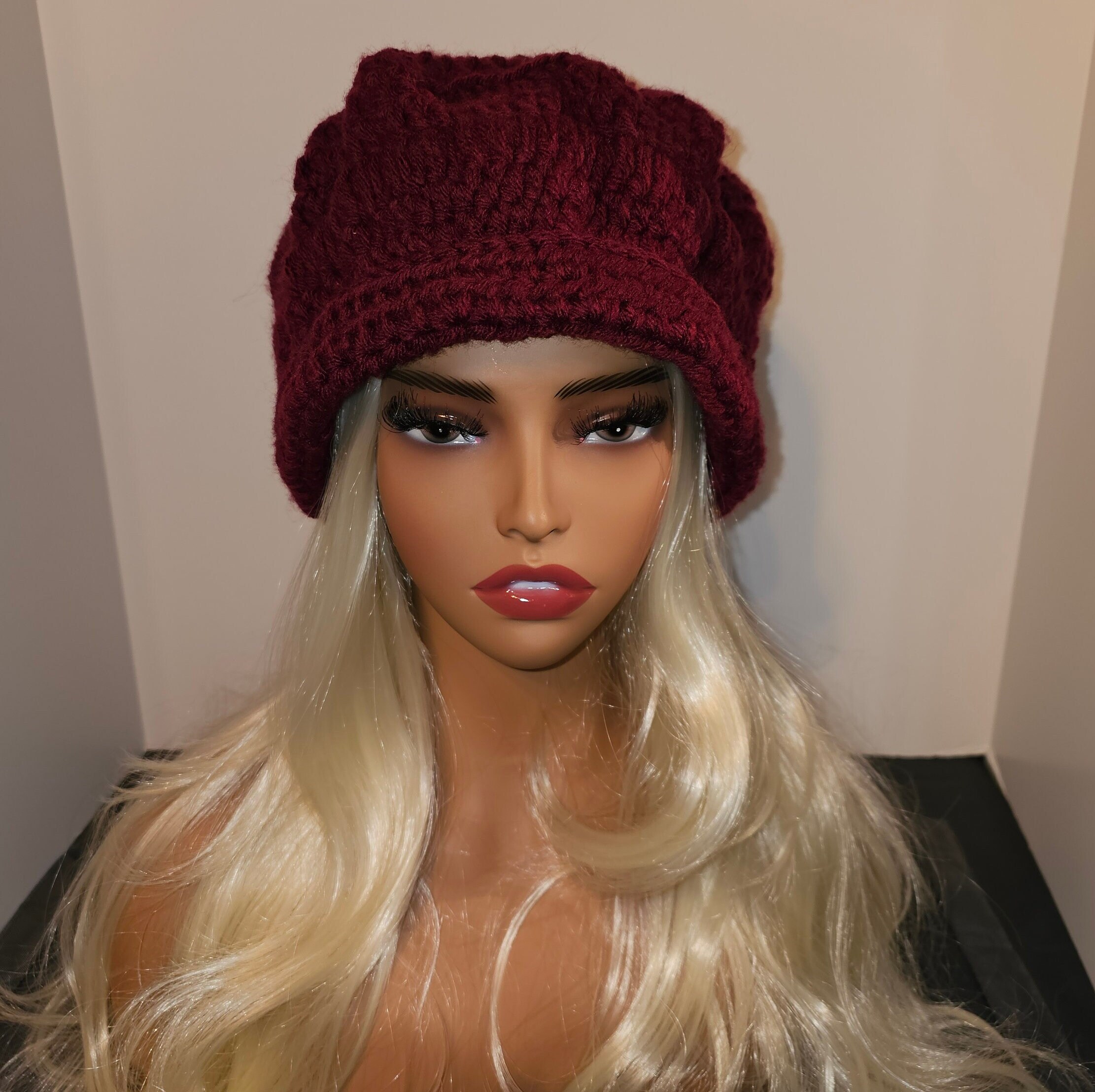 Chic Burgundy Knit Cloche Hat with Rose Detail Burgundy Cloche Hat - Etsy main image 3