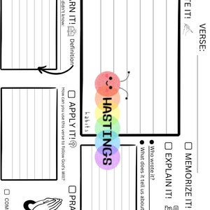 May include: A printable worksheet with a rainbow-colored caterpillar illustration and the word "Hastings" in the center. The worksheet is divided into sections with headings like "Learn It!", "Apply It!", "Pray It!", "Memorize It!", "Explain It!", "Write It!" and "Complete It!" Each section has lines for writing and checkboxes.