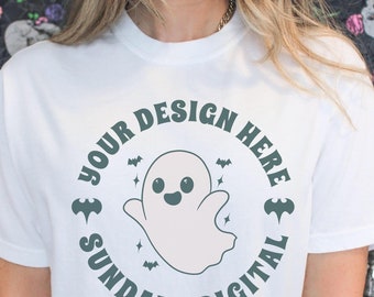 Comfort Colors 1717 White Halloween Mockup Photo, CC1717 Mock, Real Model, Halloween Background, Comfort Colors T-Shirt Mockup, White TShirt