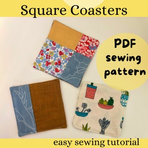 May include: Three square fabric coasters with different patterns. The coasters are made of cotton fabric and are sewn together with a simple design. The coasters are perfect for protecting your furniture from spills and scratches. PDF sewing pattern included.