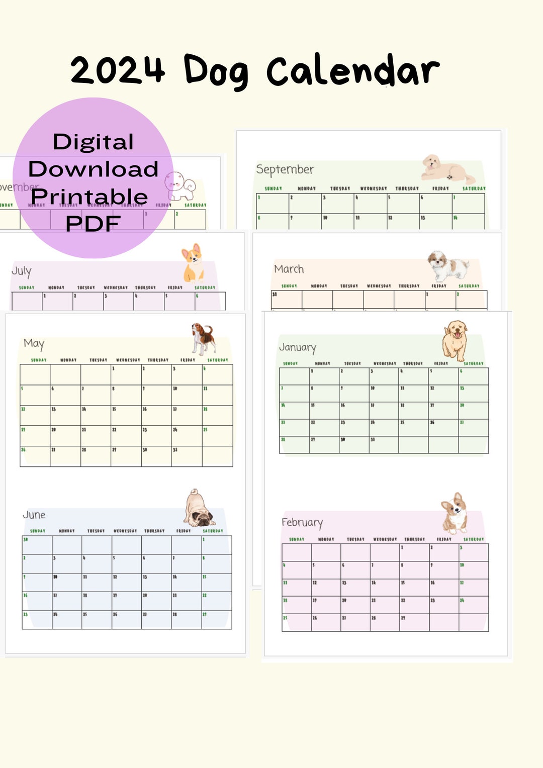 2024 Dog Calendar Printable L Monthly Calendar 2024 Printable L Dog ...