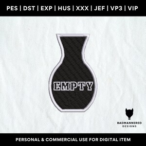 以下が含まれることがあります： 「EMPTY」と書いてある花瓶の白黒刺繍デザインです。