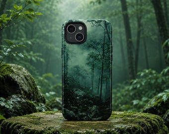 Forest Trees Phone Case, Misty Woodland iPhone Case, Dark Green Nature Phone Cover, Hiking Gift, Camping Lover Accessory