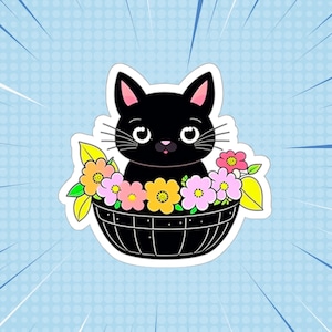 Sticker Cute Black Cat in Flower Basket Sticker – Kawaii Kitty Vinyl Sticker – Floral Cat Laptop Decal – Aesthetic Cat Lover G