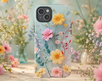Capa de celular floral em tons pastel, capa para iPhone com estampa de flores silvestres, capa para celular com estampa botânica, capa floral estilo cottagecore, presente de primavera para ela.