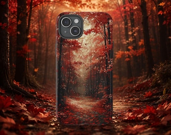 Autumn Forest Phone Case, Fall Leaves iPhone Case, Red Woodland Phone Cover, Nature Landscape Case, Cozy Autumn Gift for Her